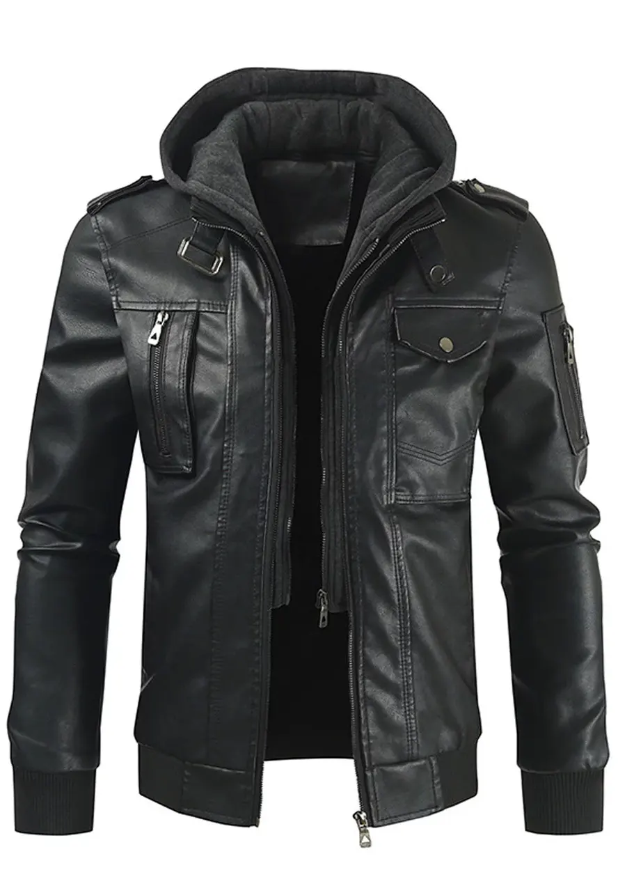 Men's Slim Fit Black Faux Leather Bomber Jacket with Removable Hood 1 mens-slim-fit-black-faux-leather-bomber-jacket-with-removable-hood