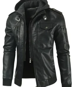 Men's Slim Fit Black Faux Leather Bomber Jacket with Removable Hood 9 mens-slim-fit-black-faux-leather-bomber-jacket-with-removable-hood