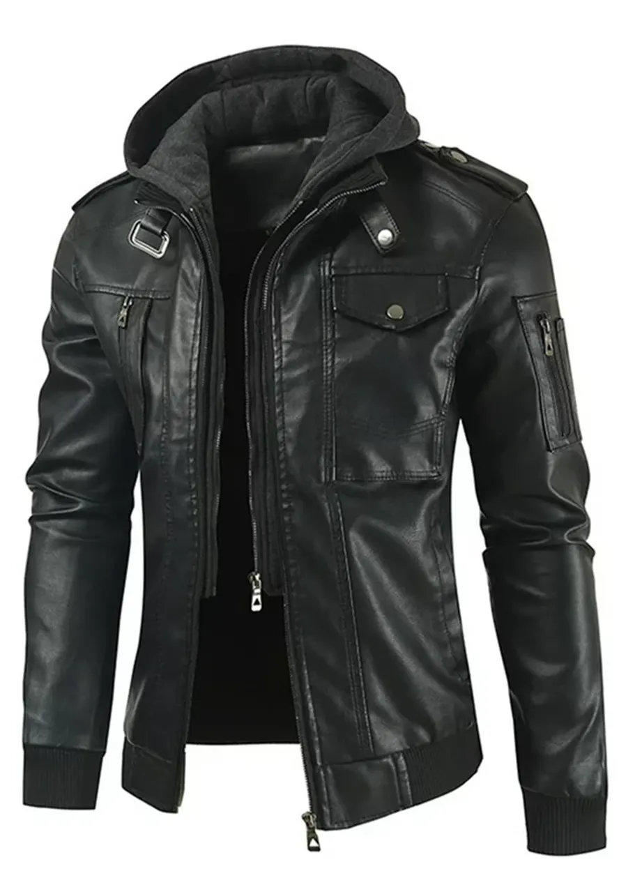 Men's Slim Fit Black Faux Leather Bomber Jacket with Removable Hood 3 mens-slim-fit-black-faux-leather-bomber-jacket-with-removable-hood