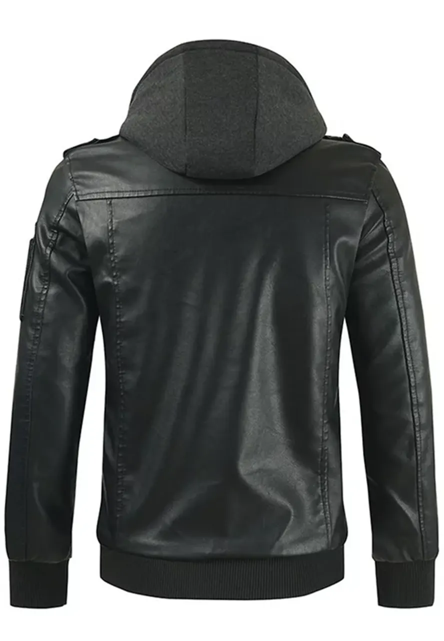 Men's Slim Fit Black Faux Leather Bomber Jacket with Removable Hood 2 mens-slim-fit-black-faux-leather-bomber-jacket-with-removable-hood