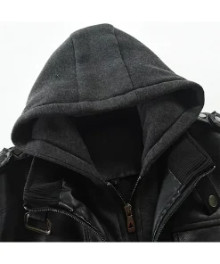 Men's Slim Fit Black Faux Leather Bomber Jacket with Removable Hood 11 mens-slim-fit-black-faux-leather-bomber-jacket-with-removable-hood