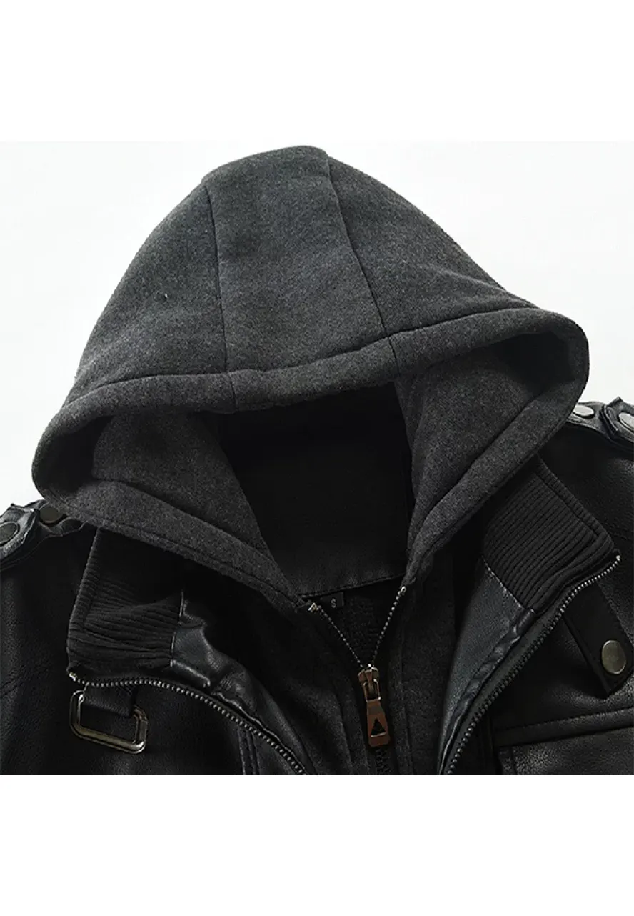 Men's Slim Fit Black Faux Leather Bomber Jacket with Removable Hood 5 mens-slim-fit-black-faux-leather-bomber-jacket-with-removable-hood