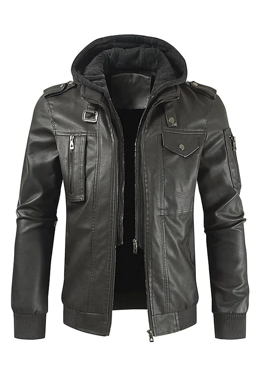 Men's Slim Fit Grey Faux Leather Bomber Jacket with Removable Hood 1 mens-slim-fit-grey-faux-leather-bomber-jacket-with-removable-hood