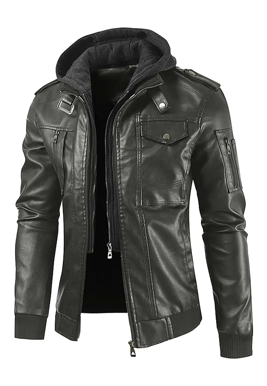 Men's Slim Fit Grey Faux Leather Bomber Jacket with Removable Hood 3 mens-slim-fit-grey-faux-leather-bomber-jacket-with-removable-hood