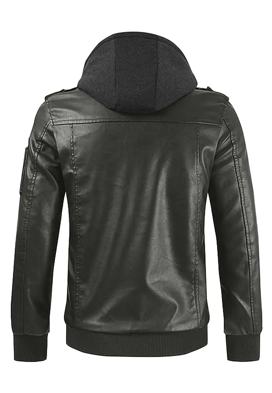 Men's Slim Fit Grey Faux Leather Bomber Jacket with Removable Hood 2 mens-slim-fit-grey-faux-leather-bomber-jacket-with-removable-hood
