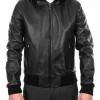 mens-soft-black-faux-leather-hooded-bomber-jacket