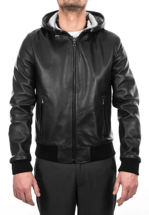 mens-soft-black-faux-leather-hooded-bomber-jacket