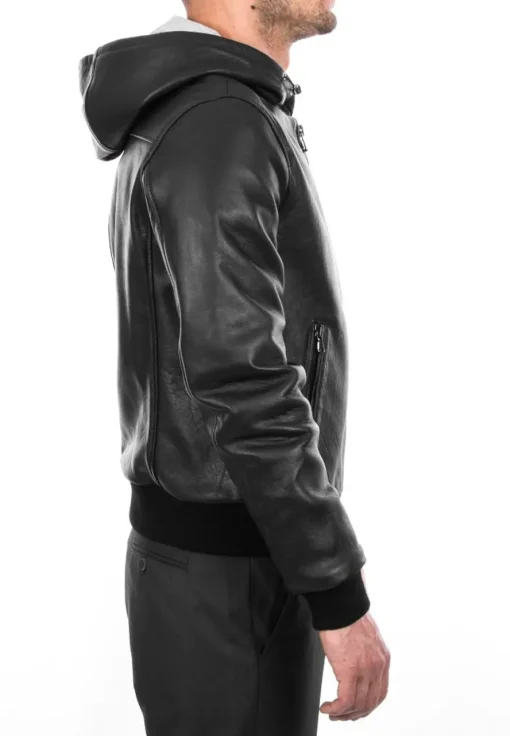 mens-soft-black-faux-leather-hooded-bomber-jacket