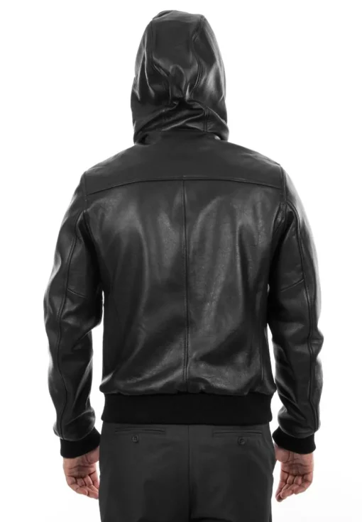 mens-soft-black-faux-leather-hooded-bomber-jacket