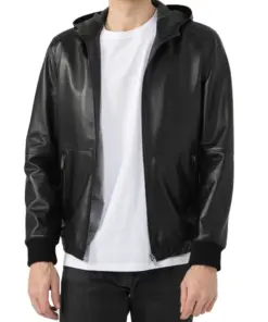 mens-sports-black-hooded-faux-leather-bomber-jacket