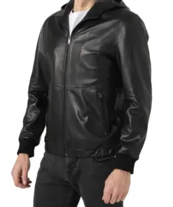 mens-sports-black-hooded-faux-leather-bomber-jacket