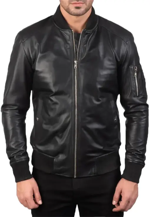 mens-stylish-black-faux-leather-bomber-jacket