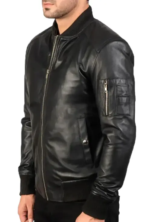 mens-stylish-black-faux-leather-bomber-jacket