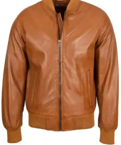 Men's Tan Faux Leather Bomber Jacket