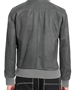 mens vintage gray faux leather bomber jacket