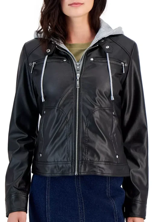 womens-black-faux-leather-hooded-jacket
