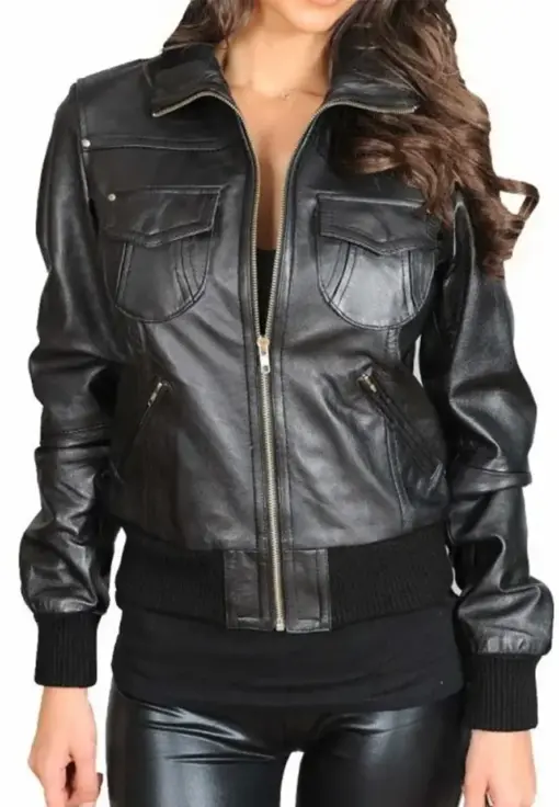 womens-casual-black-faux-leather-bomber-jacket