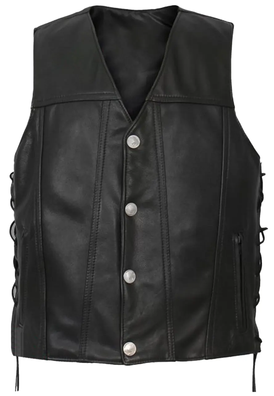 Men's Black Biker Faux Leather Snap Vest 1 mens-black-biker-faux-leather-snap-vest