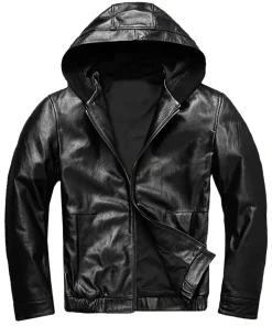 mens-black-faux-leather-hoodie-jacket