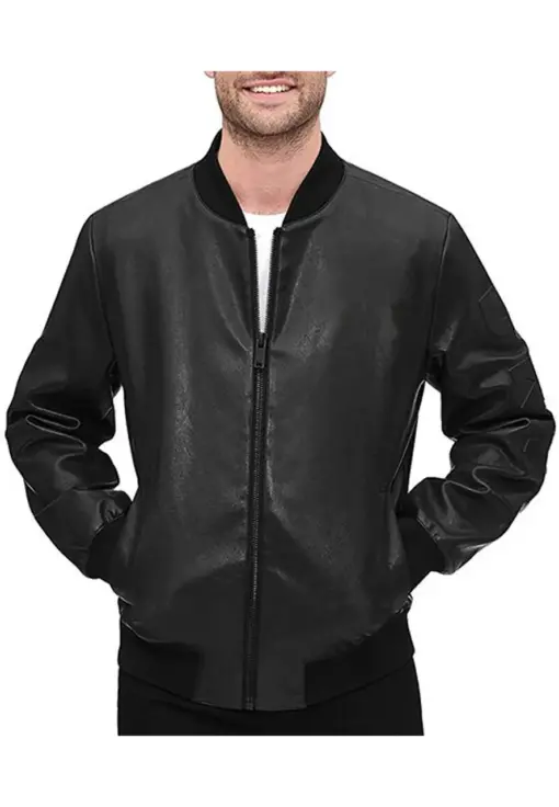 mens-brioni-black-faux-leather-bomber-jacket