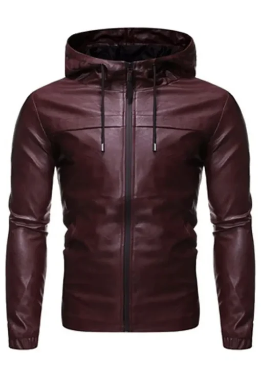 mens-burgundy-faux-leather-hooded-jacket
