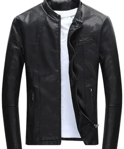 mens-casual-black-faux-leather-zipper-jacket