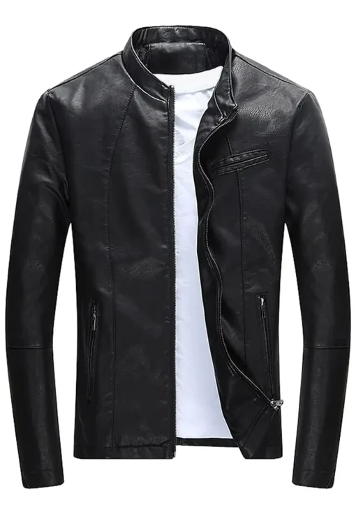 mens-casual-black-faux-leather-zipper-jacket