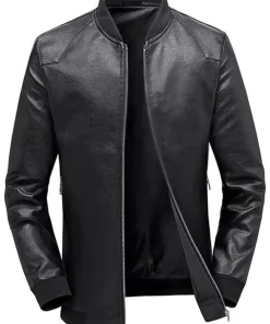 mens-casual-faux-leather-black-bomber-jacket