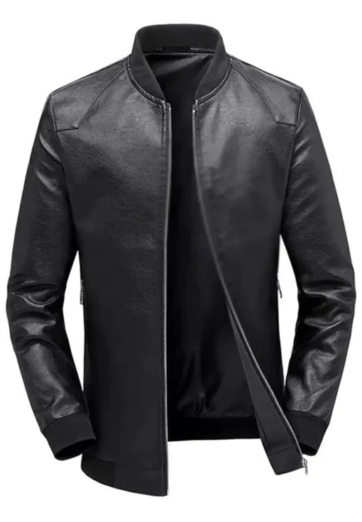 mens-casual-faux-leather-black-bomber-jacket