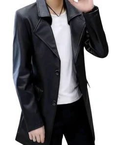 mens-classic-black-faux-leather-trench-coat