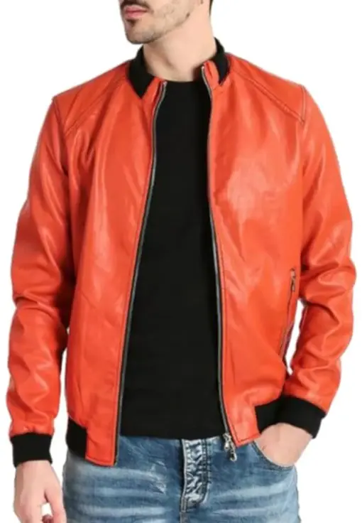mens-classic-orange-faux-leather-bomber-jacket