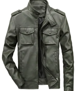 mens-classic-stand-collar-green-faux-leather-jacket