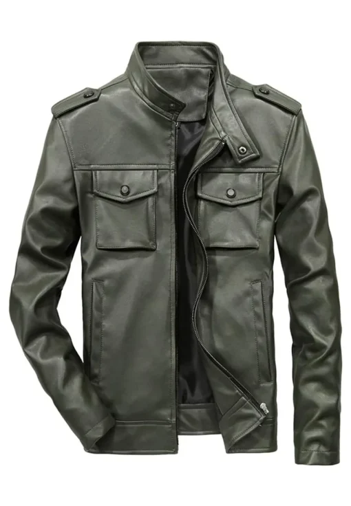 mens-classic-stand-collar-green-faux-leather-jacket
