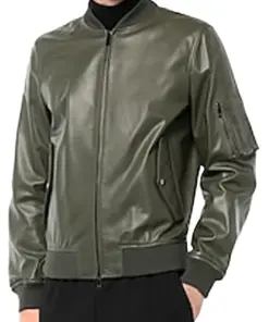 mens-dark-green-faux-leather-bomber-jacket