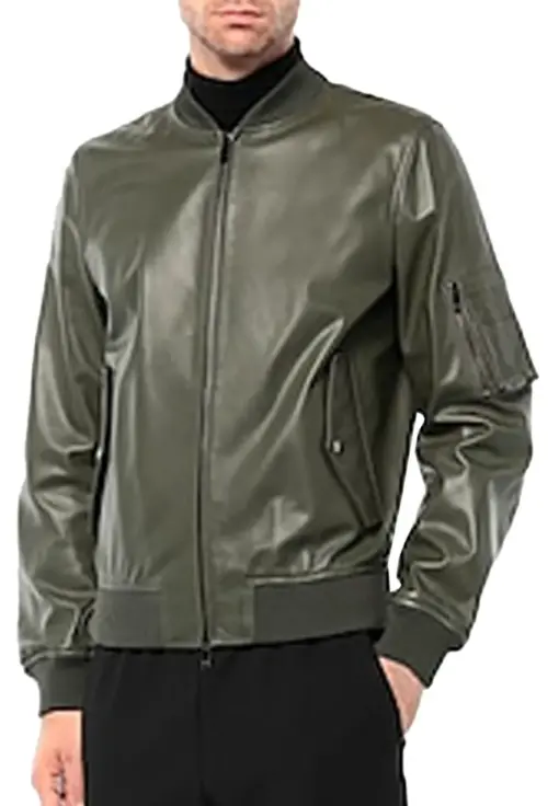 mens-dark-green-faux-leather-bomber-jacket