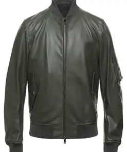 mens-dark-green-faux-leather-bomber-jacket