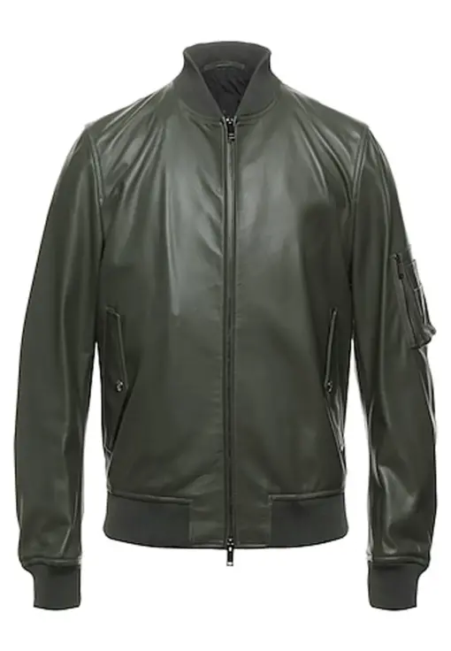 mens-dark-green-faux-leather-bomber-jacket
