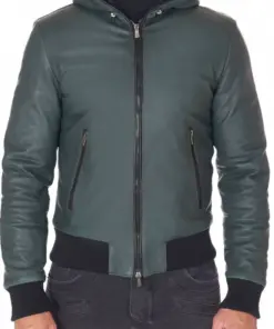 mens-green-faux-leather-biker-hooded-jacket