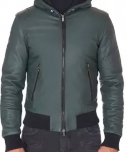 mens-green-faux-leather-biker-hooded-jacket