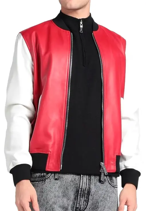 mens-red-and-white-faux-leather-bomber-jacket