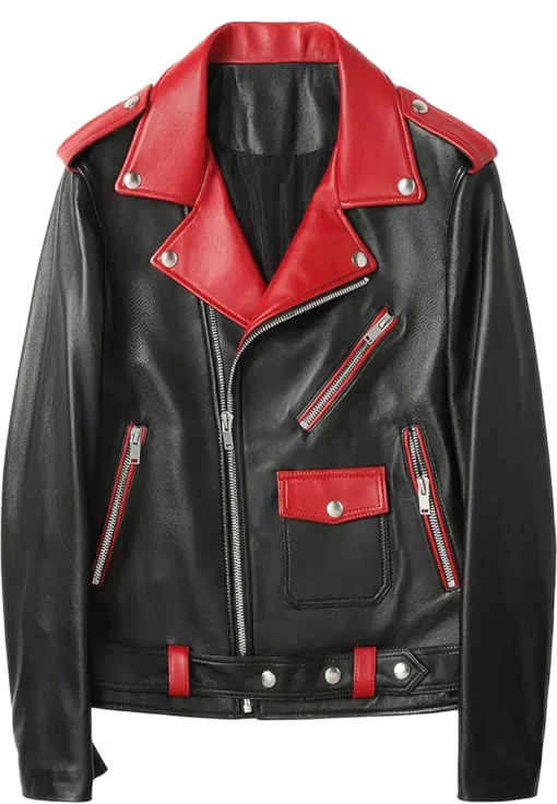 mens-red-lapel-collar-black-faux-leather-biker-jacket