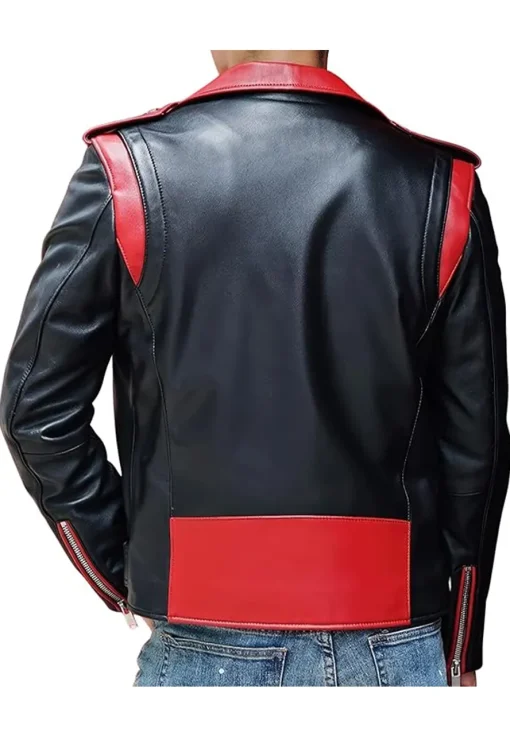 mens-red-lapel-collar-black-faux-leather-biker-jacket