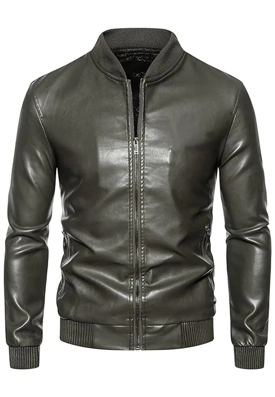 Men’s Ribbed Collar Green Bomber Faux Leather Jacket 1 mens-ribbed-collar-green-bomber-faux-leather-jacket