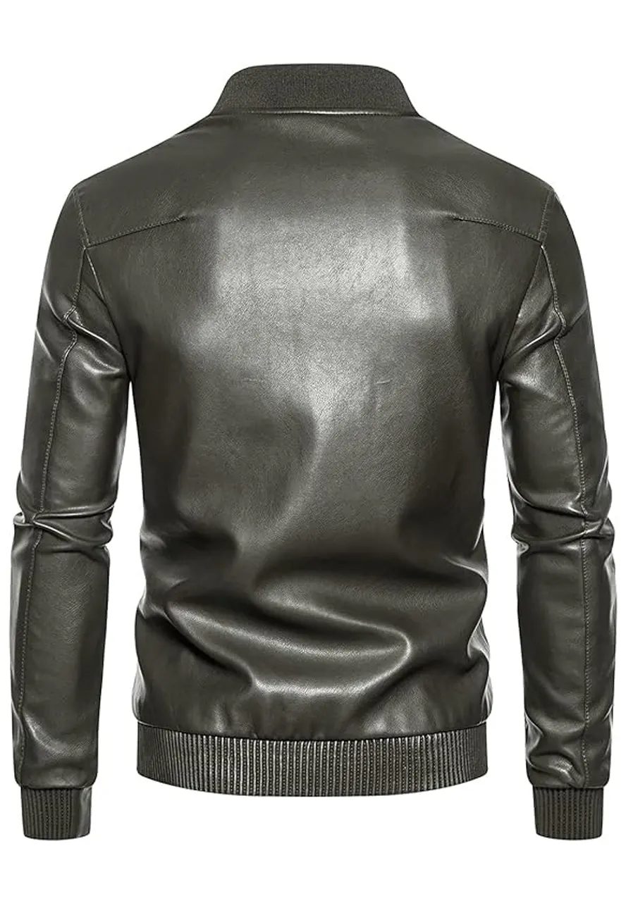 Men’s Ribbed Collar Green Bomber Faux Leather Jacket 2 mens-ribbed-collar-green-bomber-faux-leather-jacket