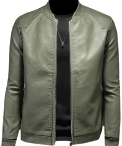 mens-ribbed-collar-green-faux-leather-bomber-jacket