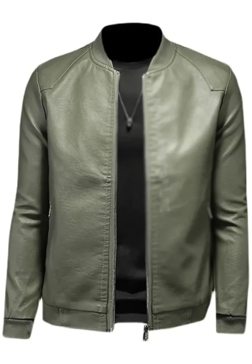 mens-ribbed-collar-green-faux-leather-bomber-jacket