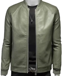 mens-ribbed-collar-green-faux-leather-bomber-jacket