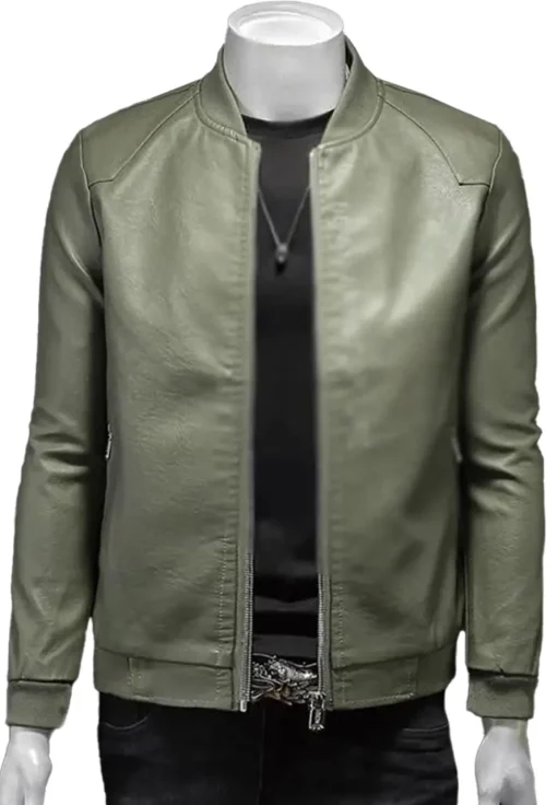 mens-ribbed-collar-green-faux-leather-bomber-jacket