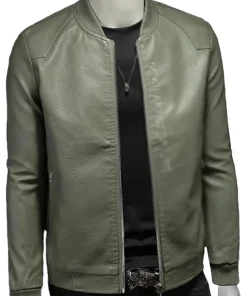 mens-ribbed-collar-green-faux-leather-bomber-jacket