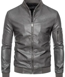 mens-ribbed-collar-grey-bomber-faux-leather-jacket